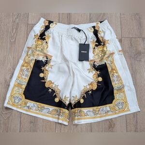 $890 Mens Versace Baroque Silk Shorts Ivory/Black/Gold 52 US 36
